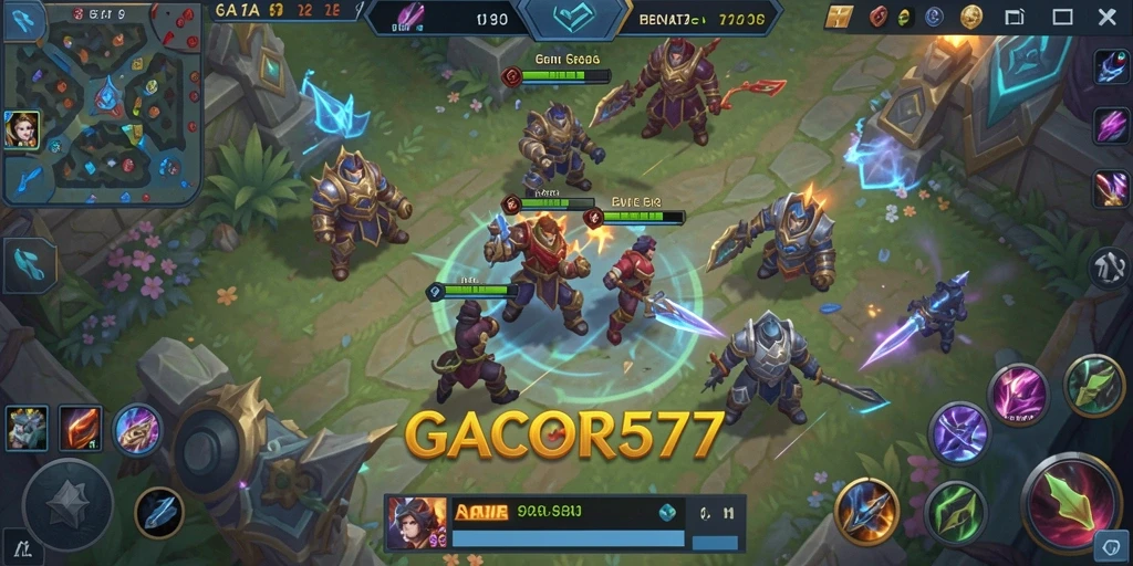Screenshot utama GACOR577 menampilkan aksi seru dalam pertarungan tim MOBA.
